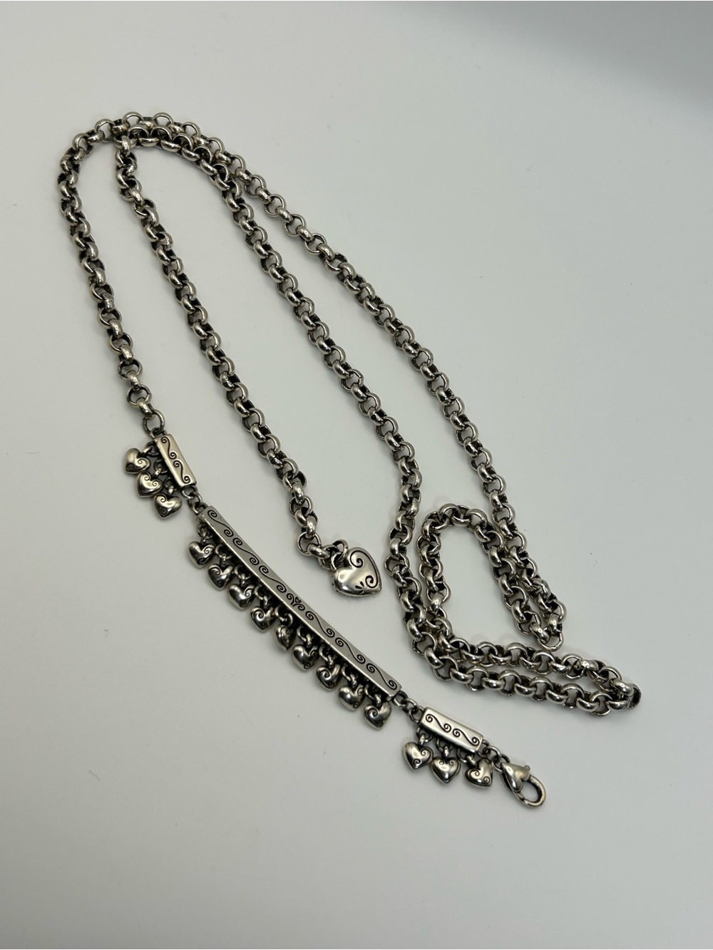 Brighton Dangling Hearts Chain Belt 40"L Round Link Silver Plated Vintage - Picture 12 of 12